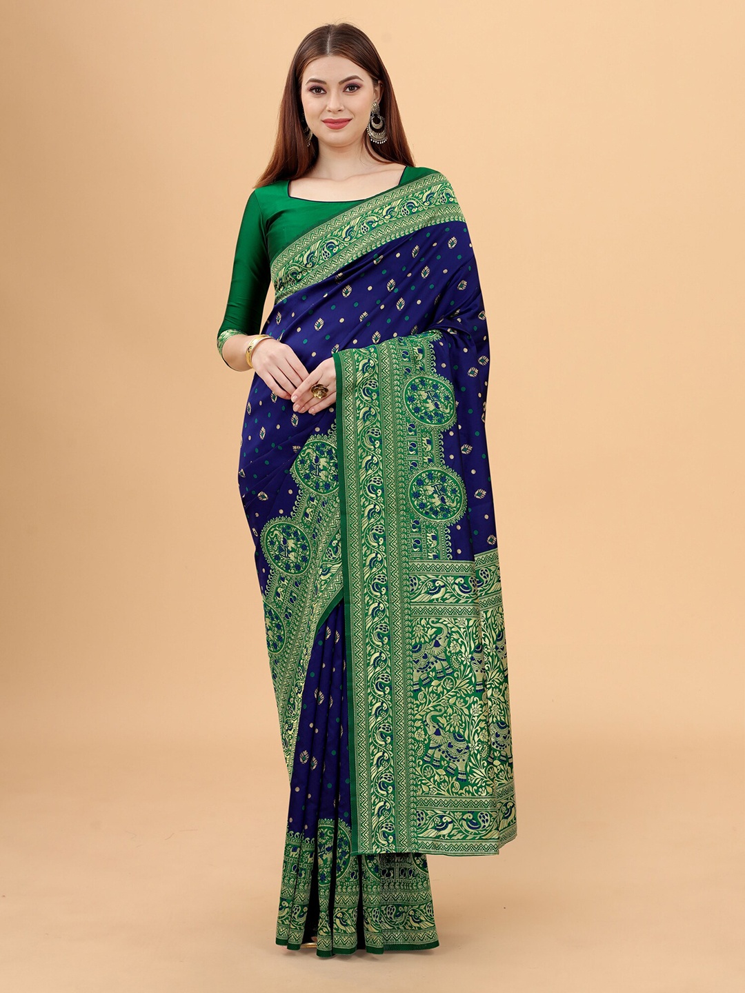 

INDI AVTAAR Blue & Green Woven Design Zari Silk Cotton Banarasi Saree