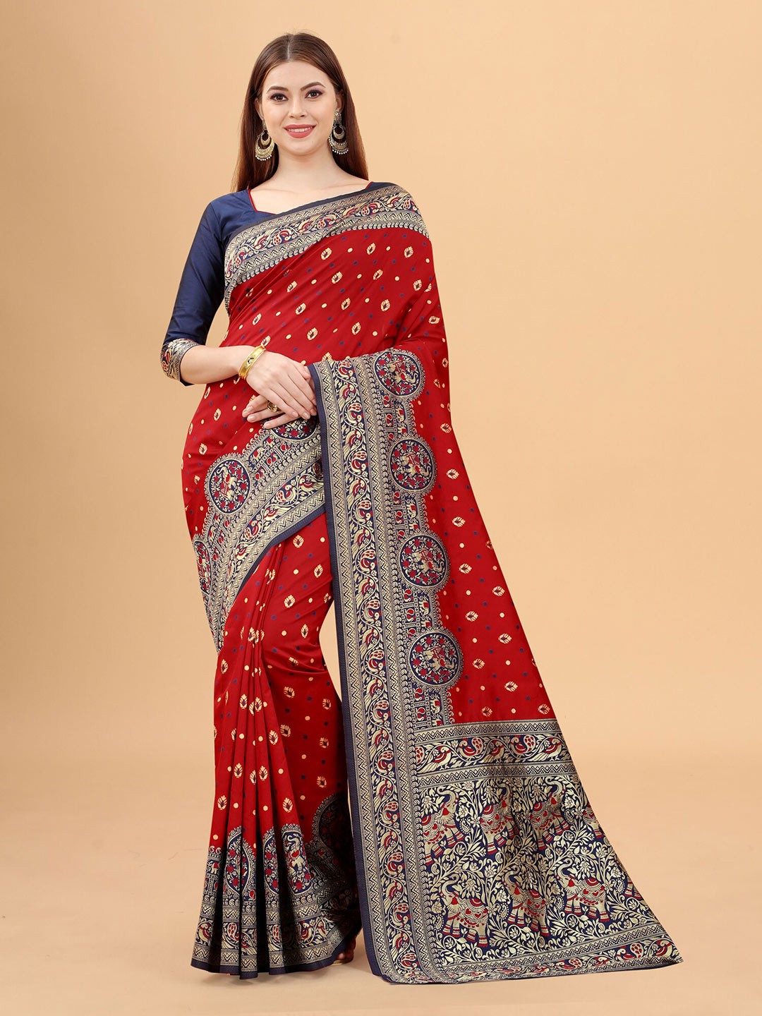 

INDI AVTAAR Red & Navy Blue Woven Design Zari Silk Cotton Banarasi Saree