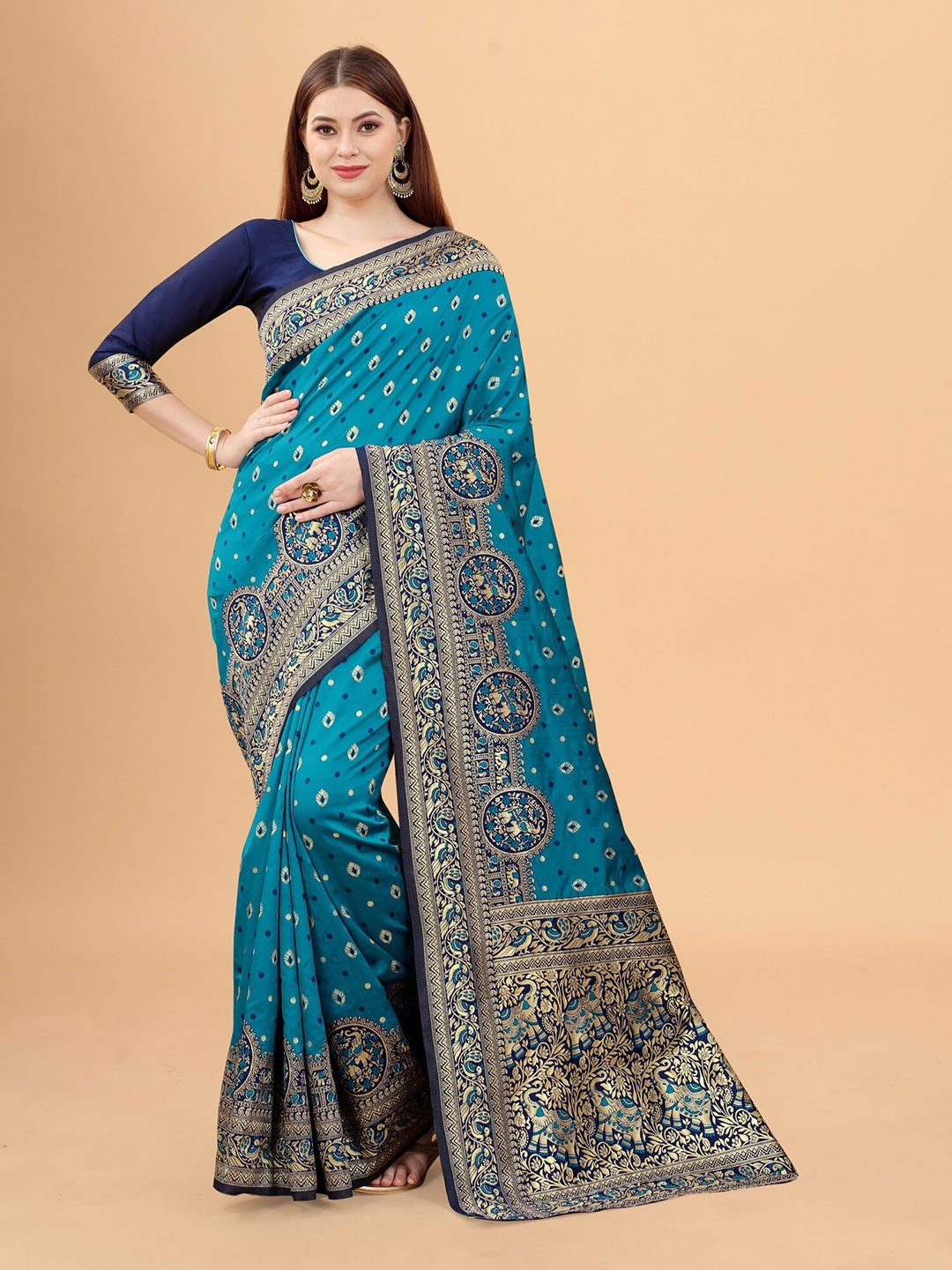 

INDI AVTAAR Teal & Gold-Toned Woven Design Zari Silk Cotton Banarasi Saree