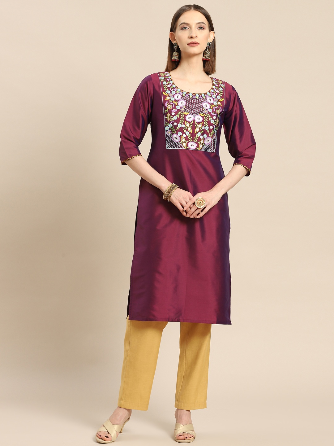 Gerua By Libas Floral Yoke Design Straight Kurta, Maroon