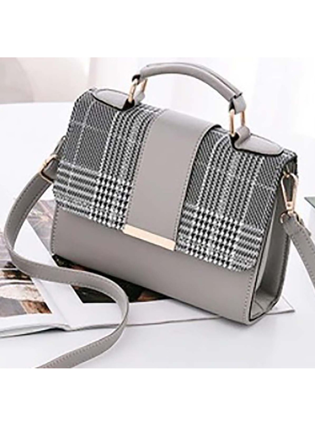 

LIKAA Grey Printed Bucket Satchel with Cut Work