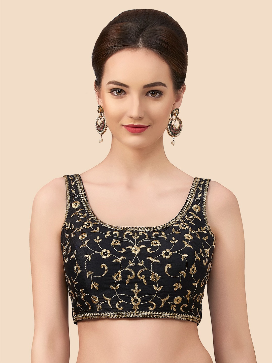 

neckbook Women Black & Golden Embroidered Raw-Silk Padded Saree Blouse