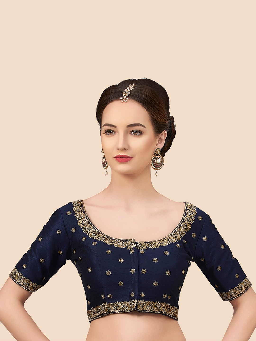 

neckbook Women Navy-Blue & Golden Embroidered Padded Saree Blouse