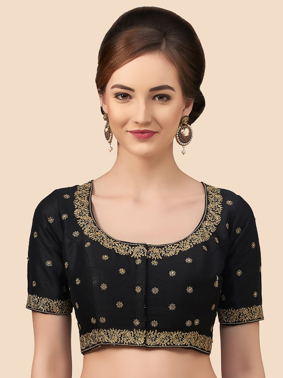 

Neckbook Women Black & Gold-Coloured Embroidered Raw-Silk Padded Readymade Saree Blouse