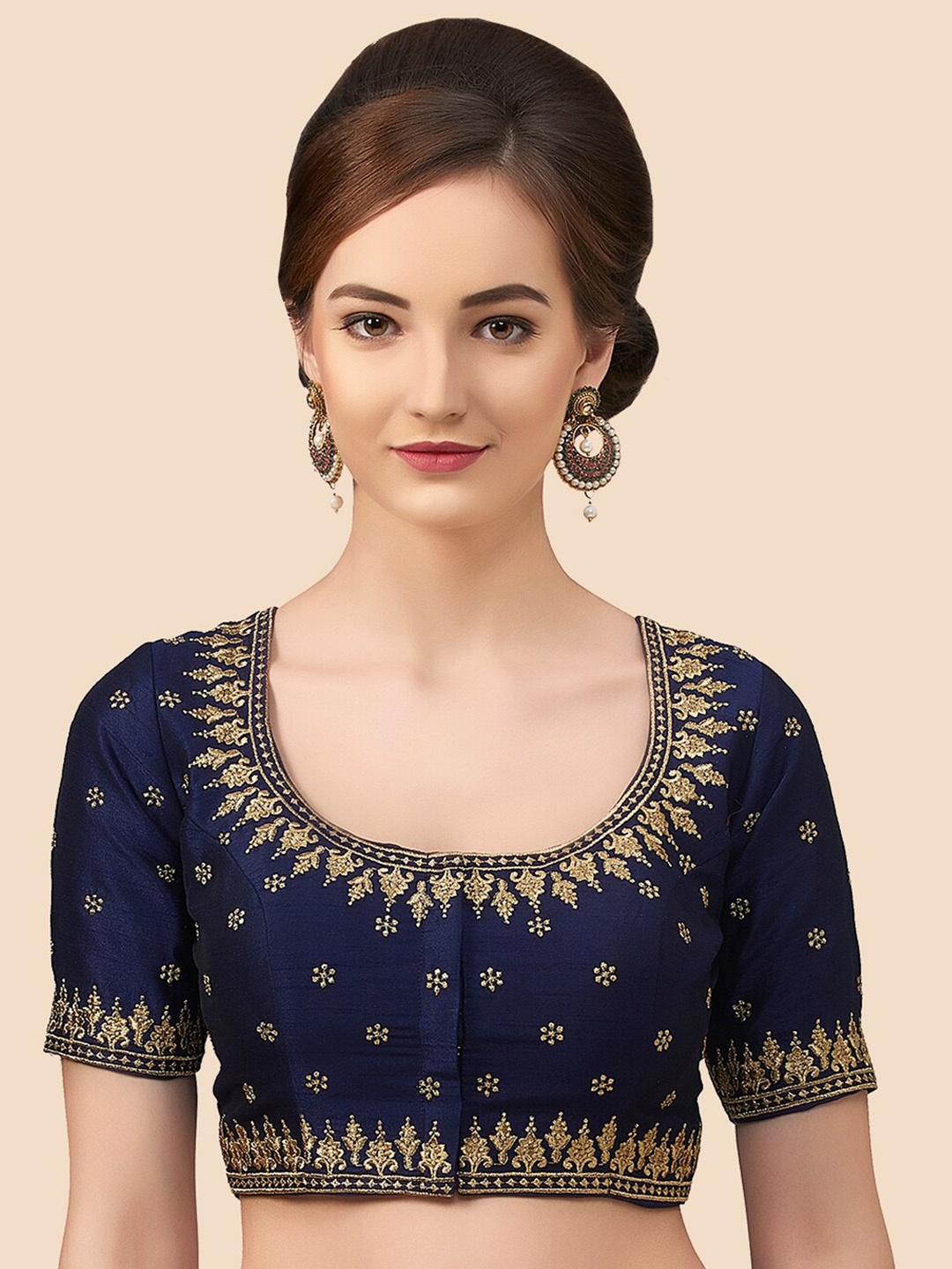 

neckbook Women Navy Blue Embroidered Raw Silk Spaghetti Princess Cut Padded Saree Blouse