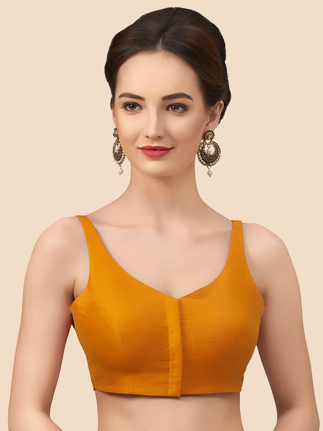 

Neckbook Mustard-Yellow Solid Padded Raw-Silk Saree Blouse