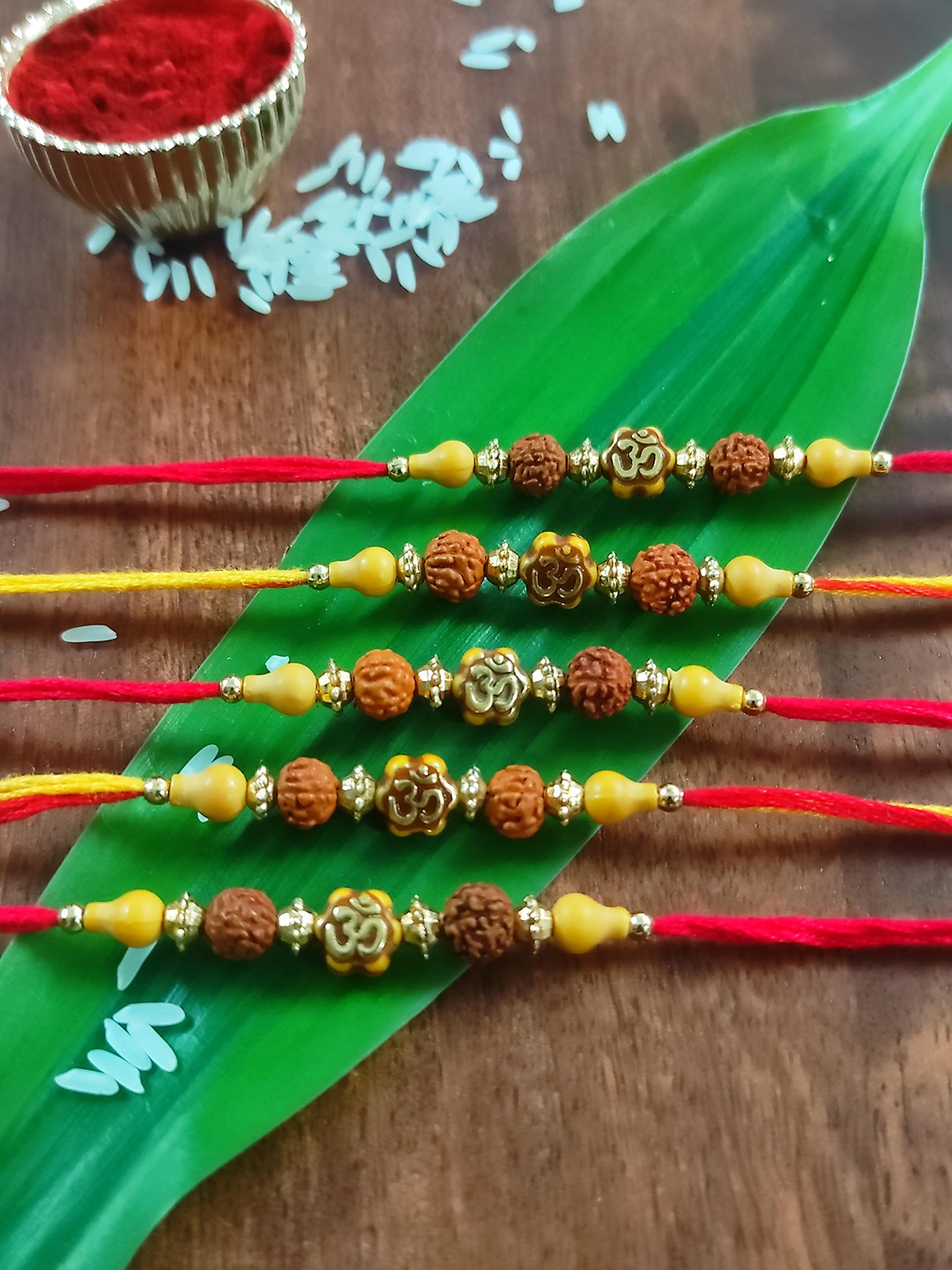 

CRAYTON Men Set Of 5 Gold-Toned Brown & Yellow Beaded Rakhi