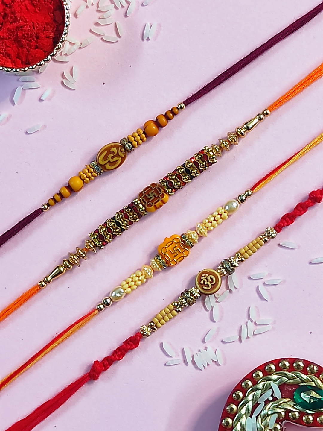 

CRAYTON Men Set Of 4 Gold-Toned White & Pink Stone-Studded & Beaded Rakhi