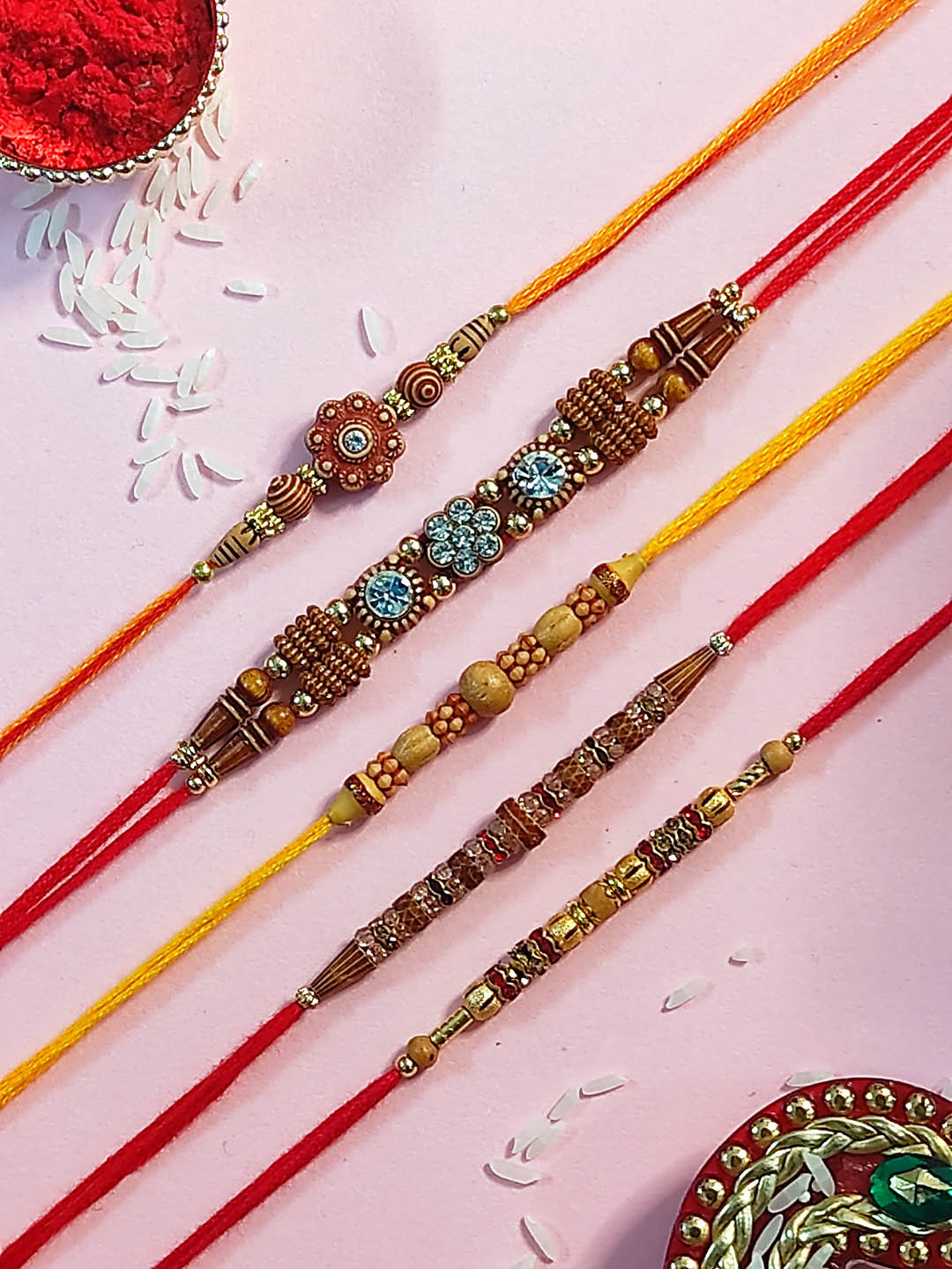 

CRAYTON Set Of 5 Beaded Thread Rakhi, Red