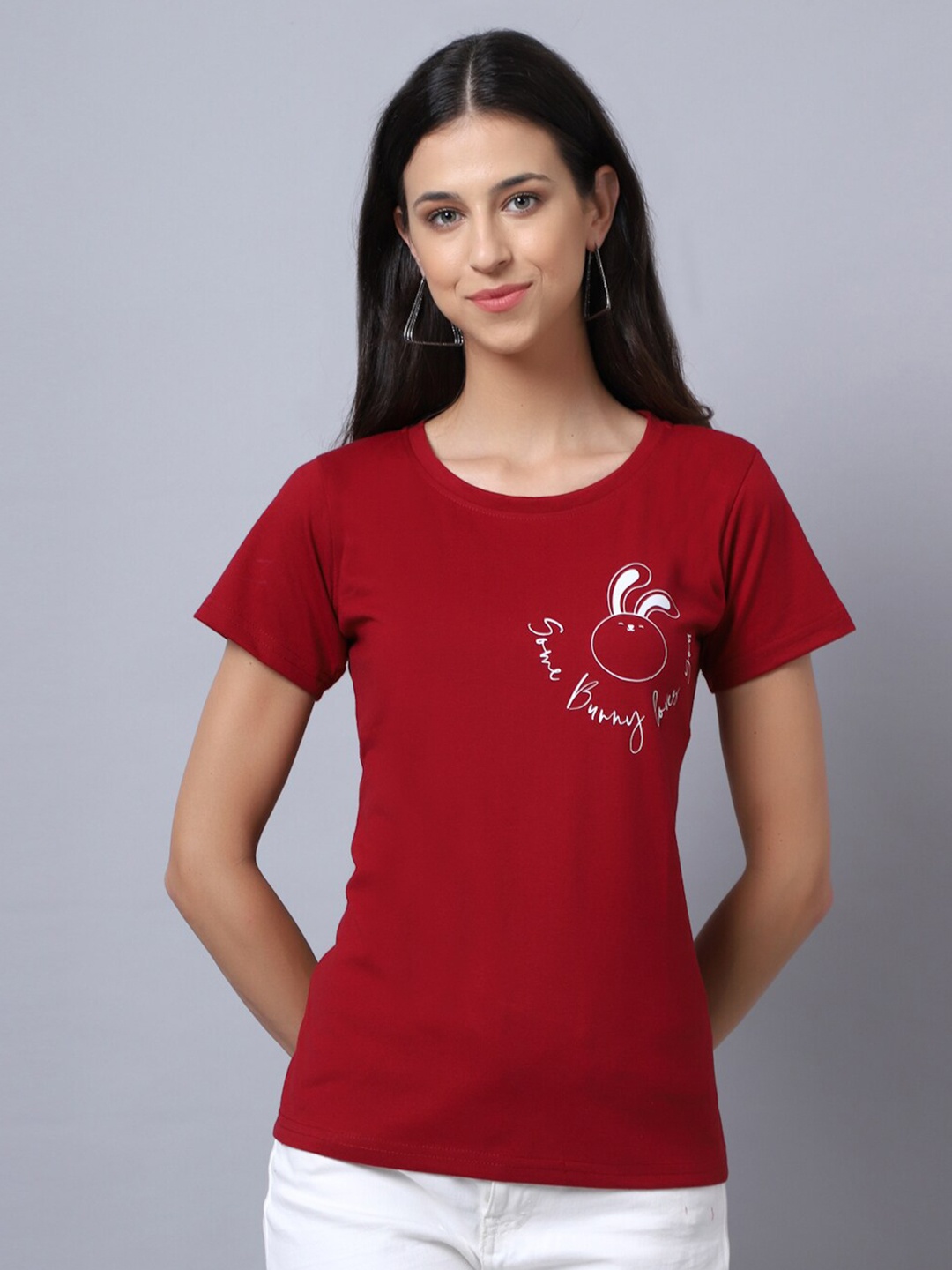

UnaOne Women Maroon Printed Slim Fit Cotton Plus Size T-shirt