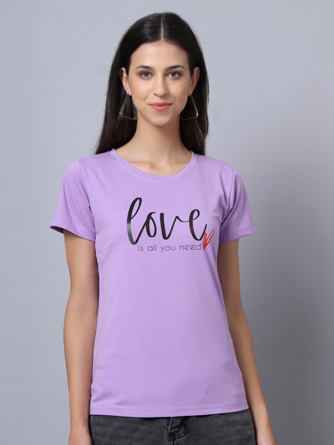 

UnaOne Women Plus Size Lavender & gray lilac Printed Applique Slim Fit T-shirt