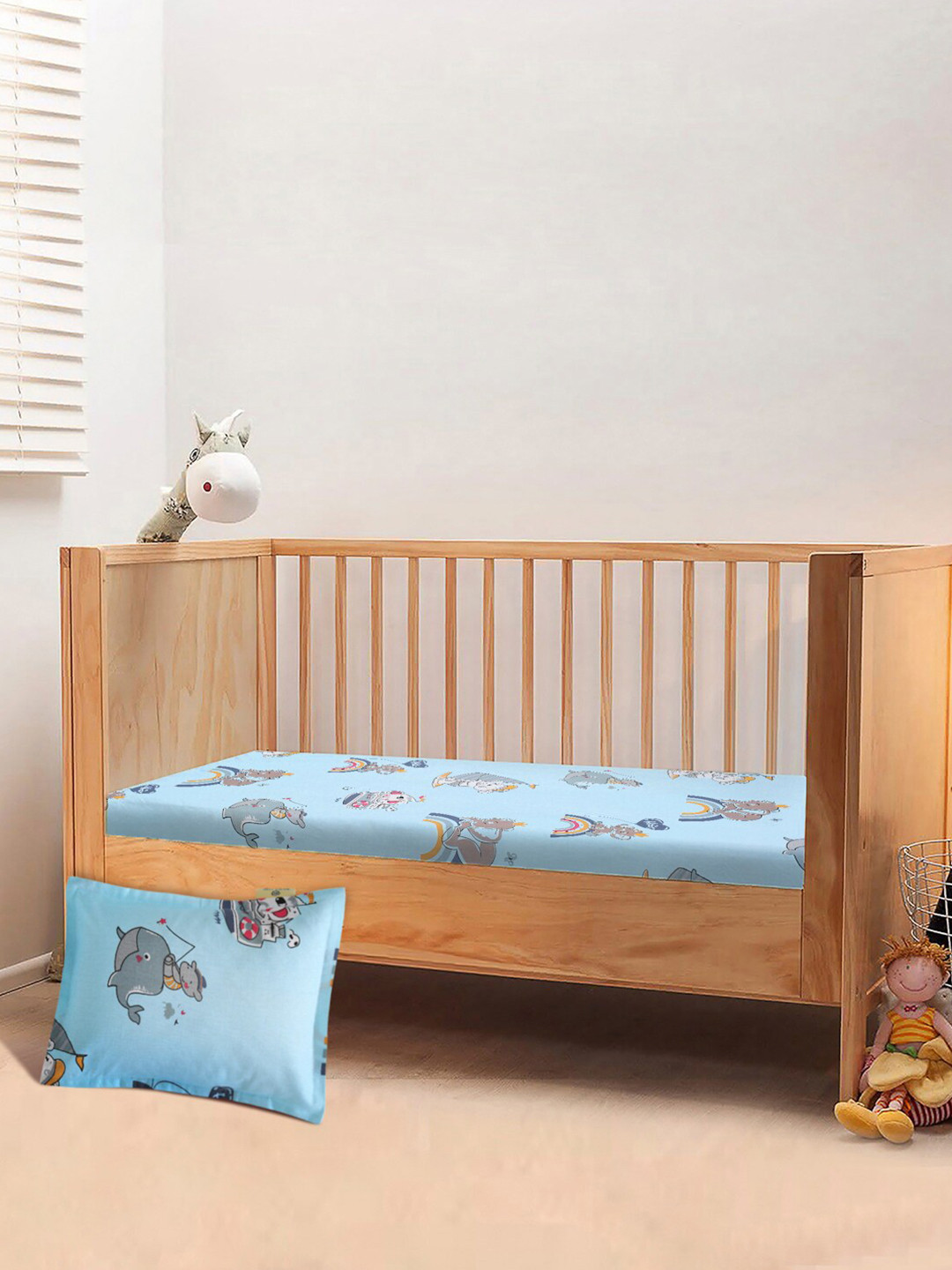 

KLOTTHE Unisex Kids Printed 300 TC Pure Cotton Fitted Crib Bedsheet with Pillow cover, Blue