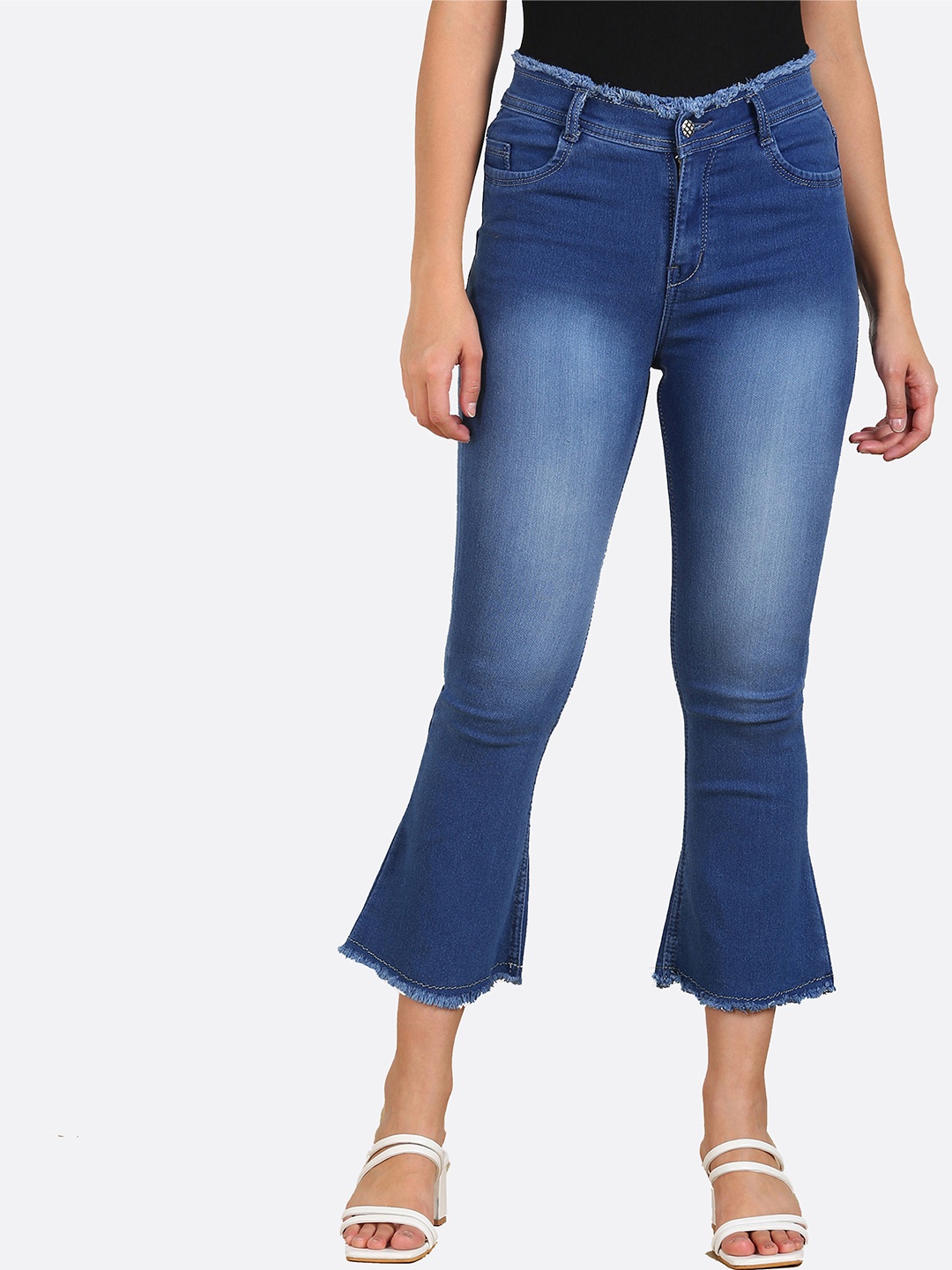 

F2M Women Blue Flared High-Rise Light Fade Stretchable Frayed Jeans