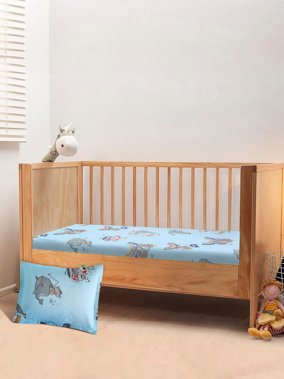 

KLOTTHE Blue & Grey Cartoon Characters 300 TC Crib Bedsheet with 1 Pillow Covers