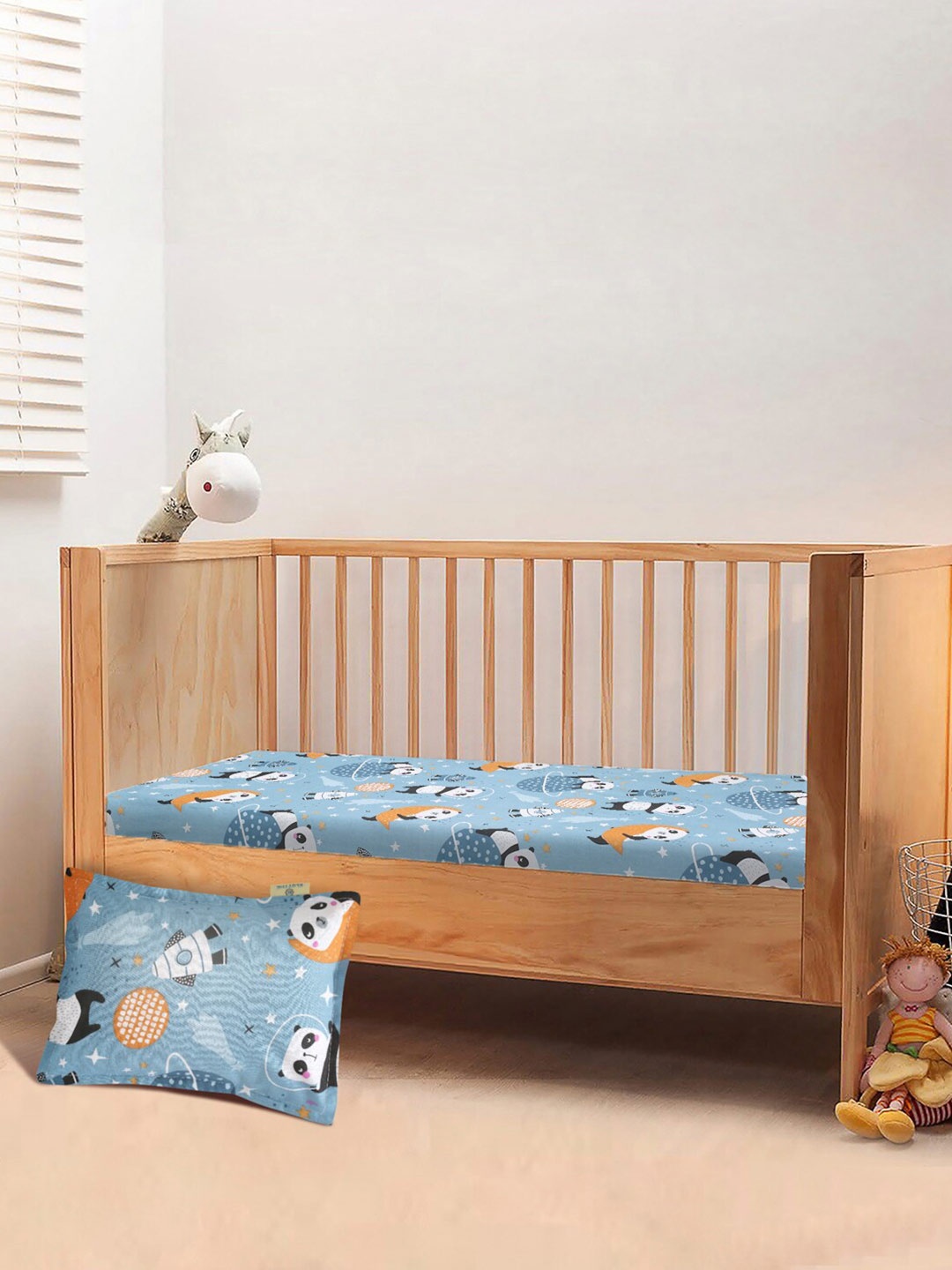 

KLOTTHE Home Blue & White Cartoon Characters 300 TC Crib Bedsheet with 1 Pillow Covers