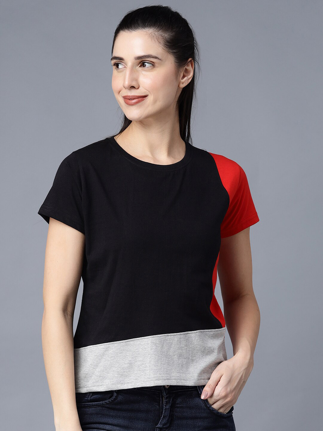 

THE EG STORE Women Red & french middle red purple Colourblocked T-shirt
