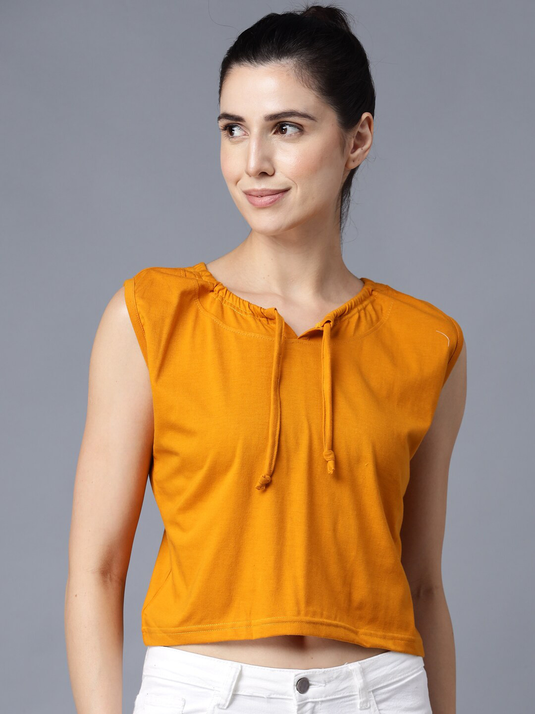 

THE EG STORE Women Yellow V-Neck Cotton Crop T-shirt