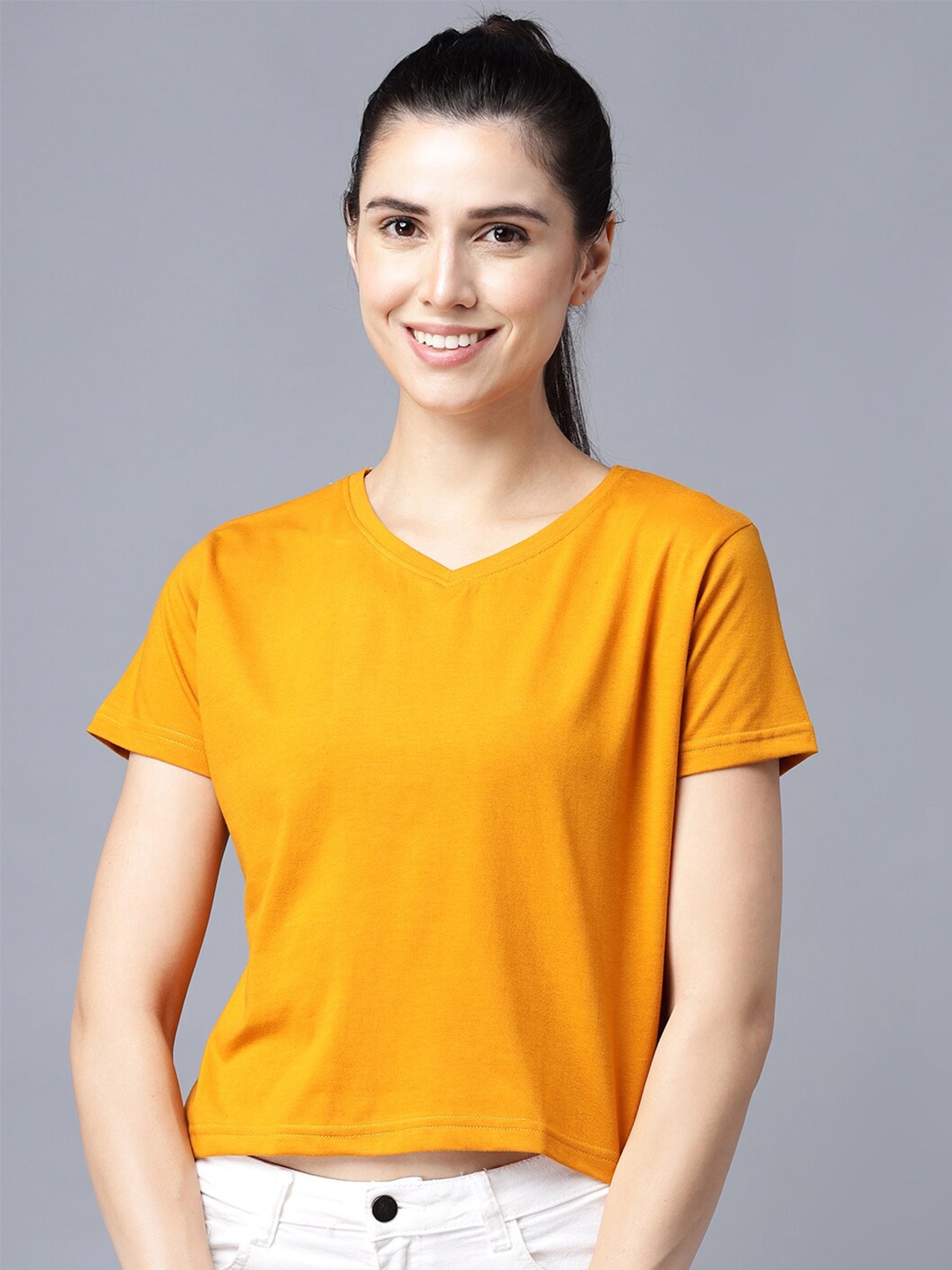 

THE EG STORE Women Yellow V-Neck T-shirt