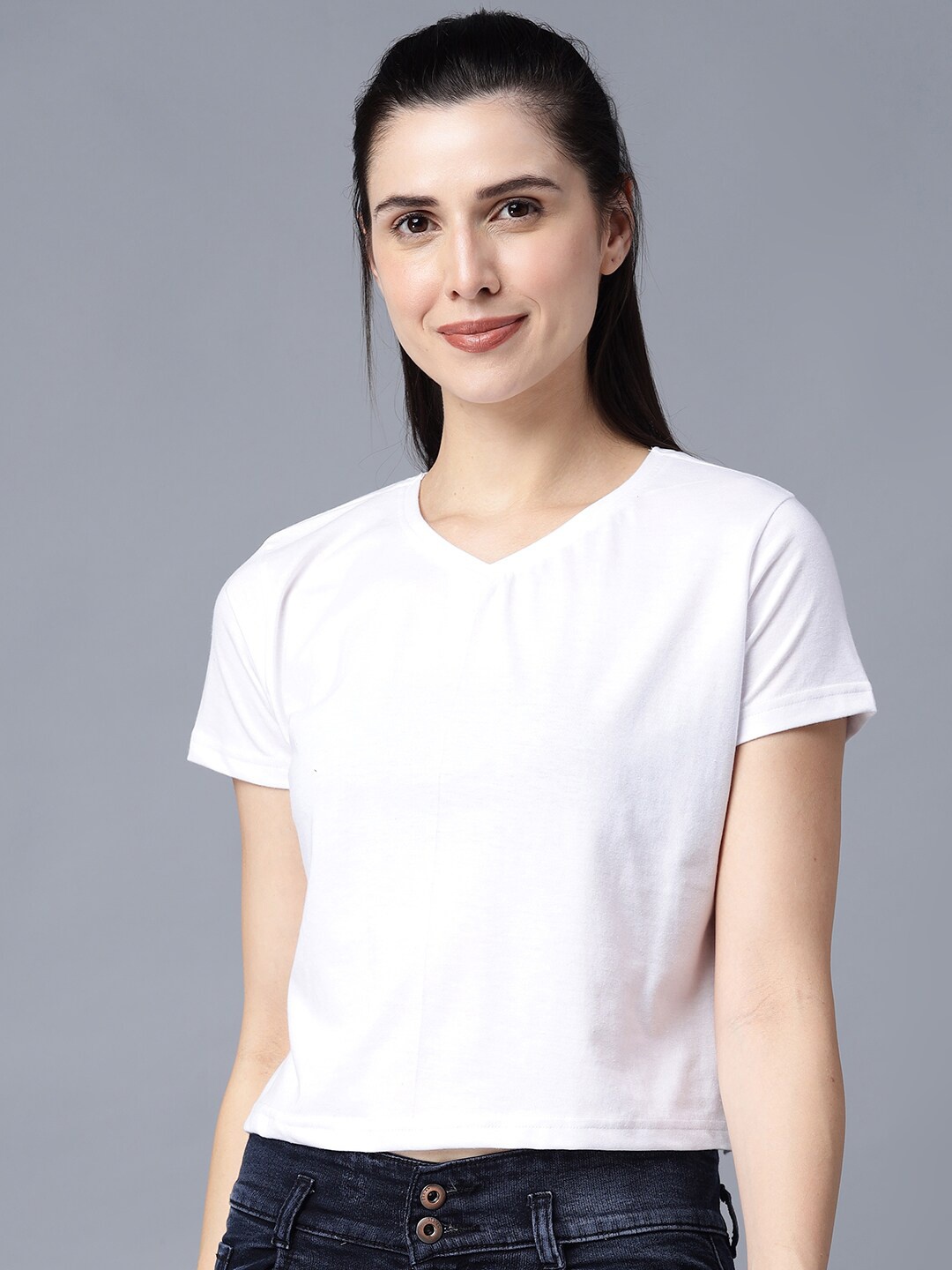 

THE EG STORE Women White V-Neck Back Cross Design T-shirt