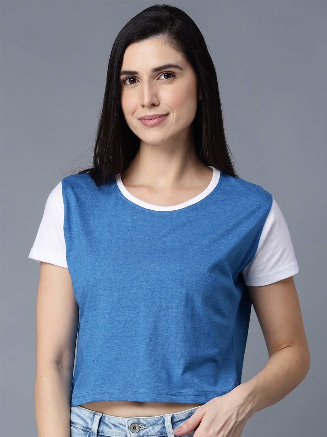 

THE EG STORE Women Blue Cotton Crop T-shirt