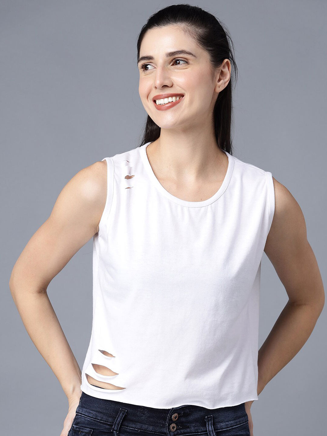 

THE EG STORE Women White Solid Damage Sleeveless T-shirt