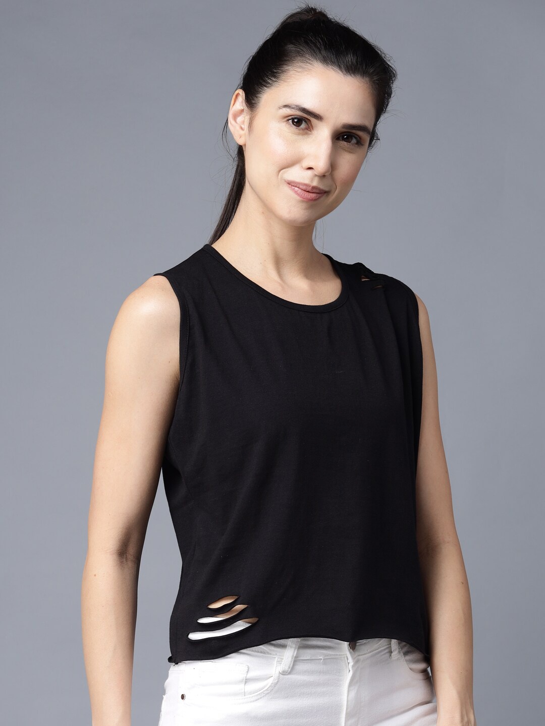 

THE EG STORE Women Black Solid Damage Sleeveless T-shirt