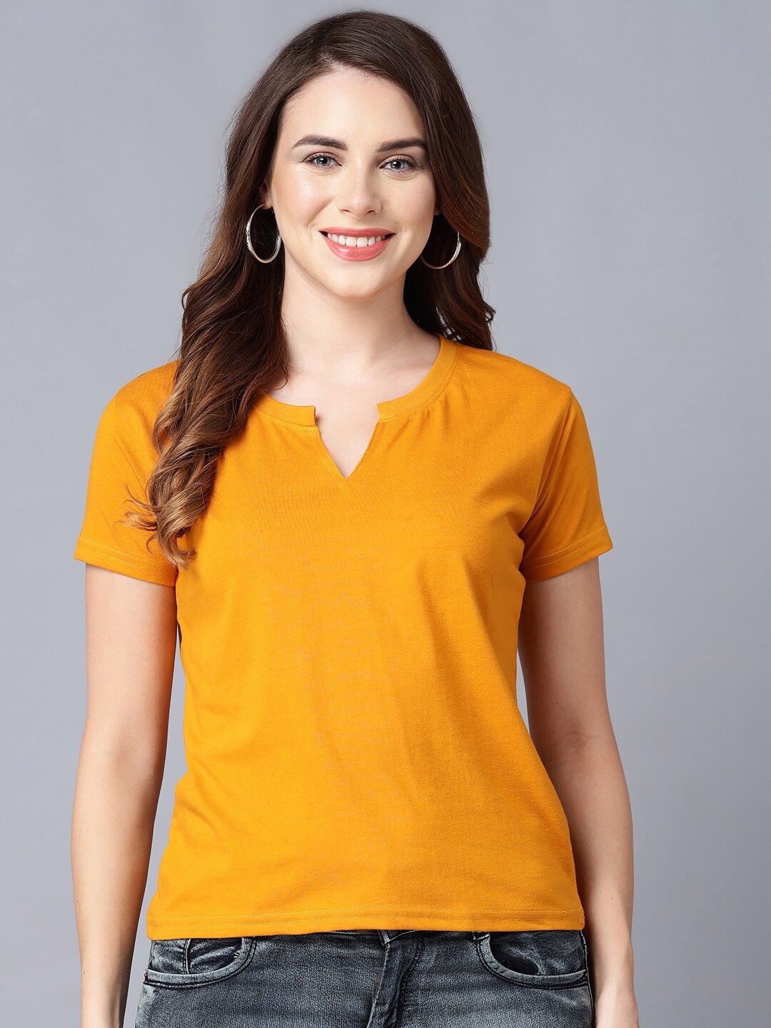 

THE EG STORE Women Yellow V-Neck Cotton T-shirt