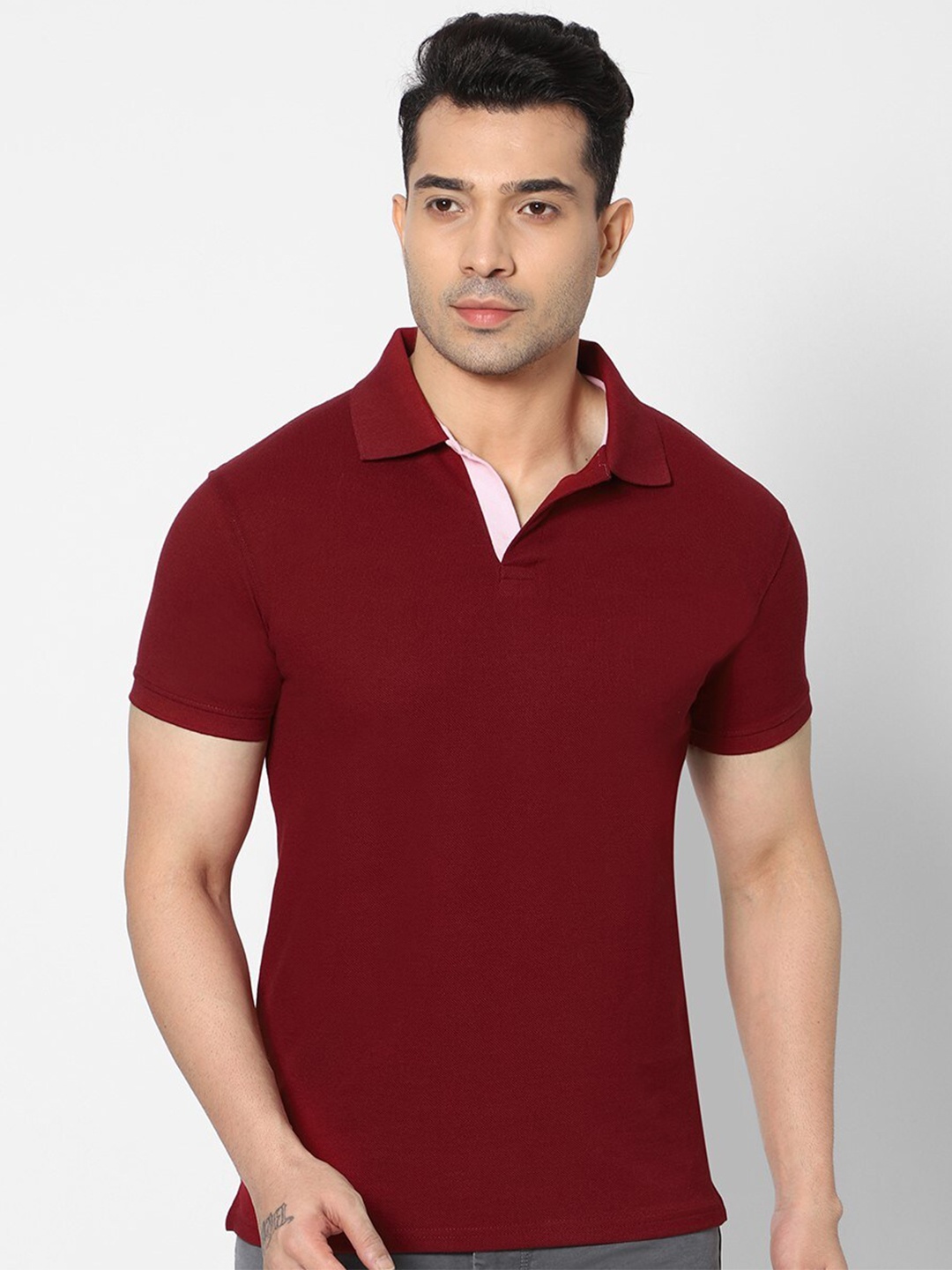 

HJ HASASI Men Red Polo Collar Slim Fit T-shirt