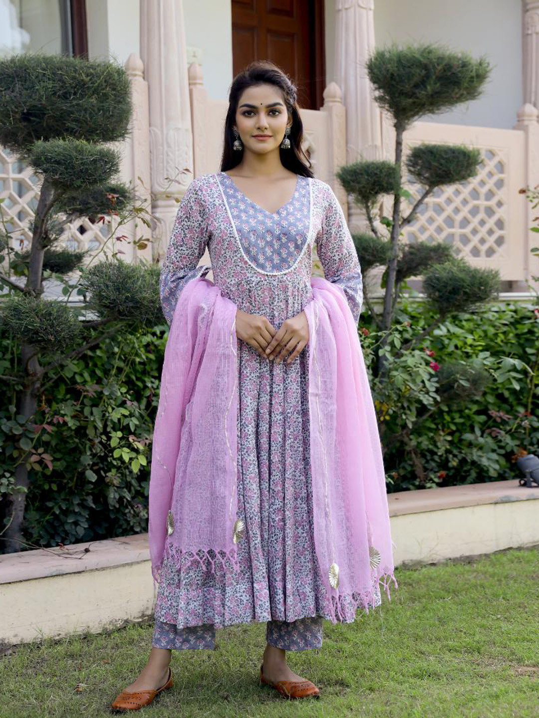 

Baisacrafts Lavender Handblock Printed Anarkali Pure Cotton Kurta & Trousers With Dupatta