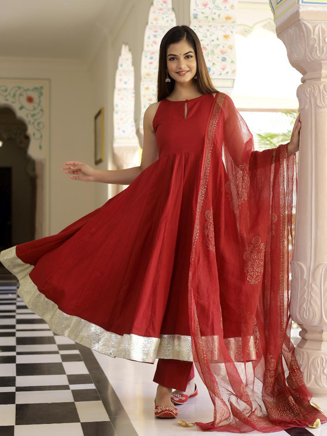 

Baisacrafts Women Maroon Embroidered Empire Pure Cotton Kurta with Trousers & With Dupatta