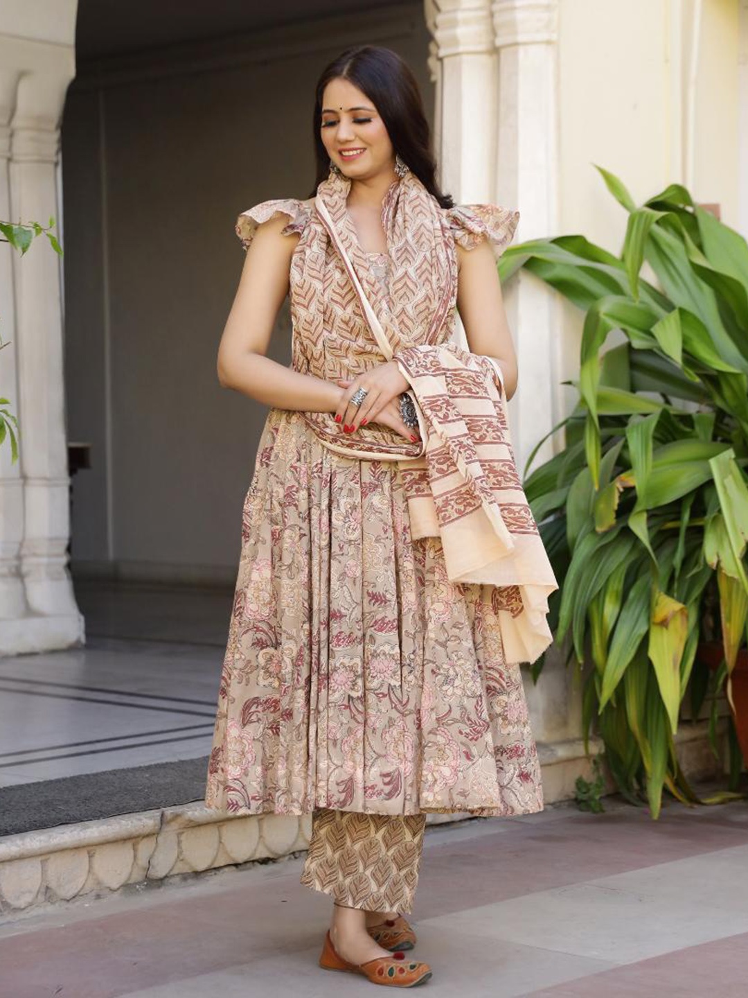 

Baisacrafts Women Beige Handblock Printed Anarkali Cotton Kurta with Trouser & Dupatta