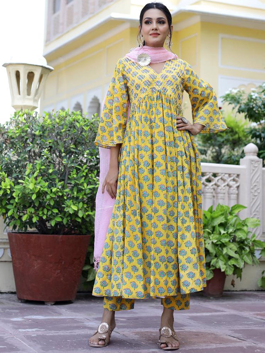 

Baisacrafts Women Yellow Handblock Printed Cotton Kurta with Trouser & Gotta Work Dupatta