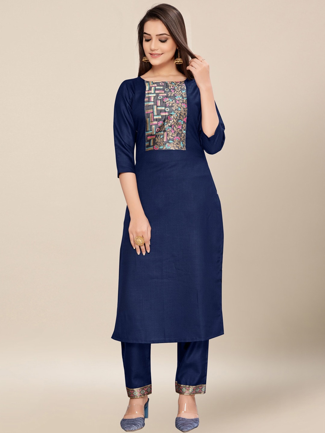 

AYKA CLOTHINGS Women Navy Blue Embroidered Patchwork Pure Cotton Kurta with Trousers