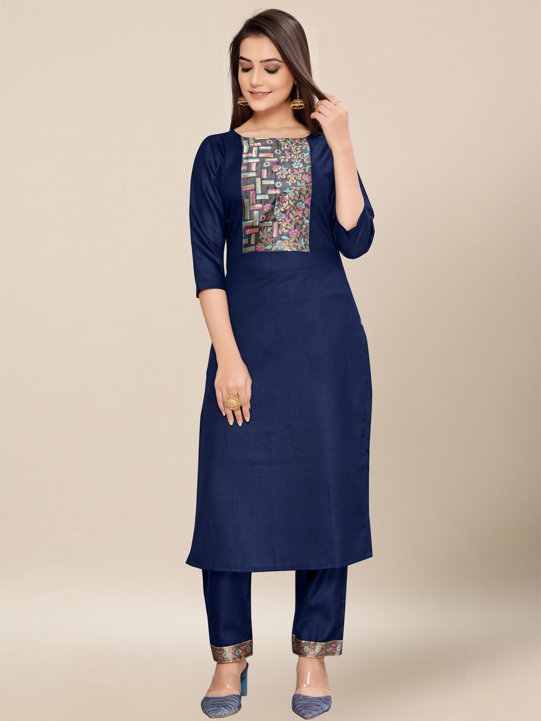 

AYKA CLOTHINGS Women Navy Blue Embroidered Patchwork Pure Cotton Kurti with Trousers