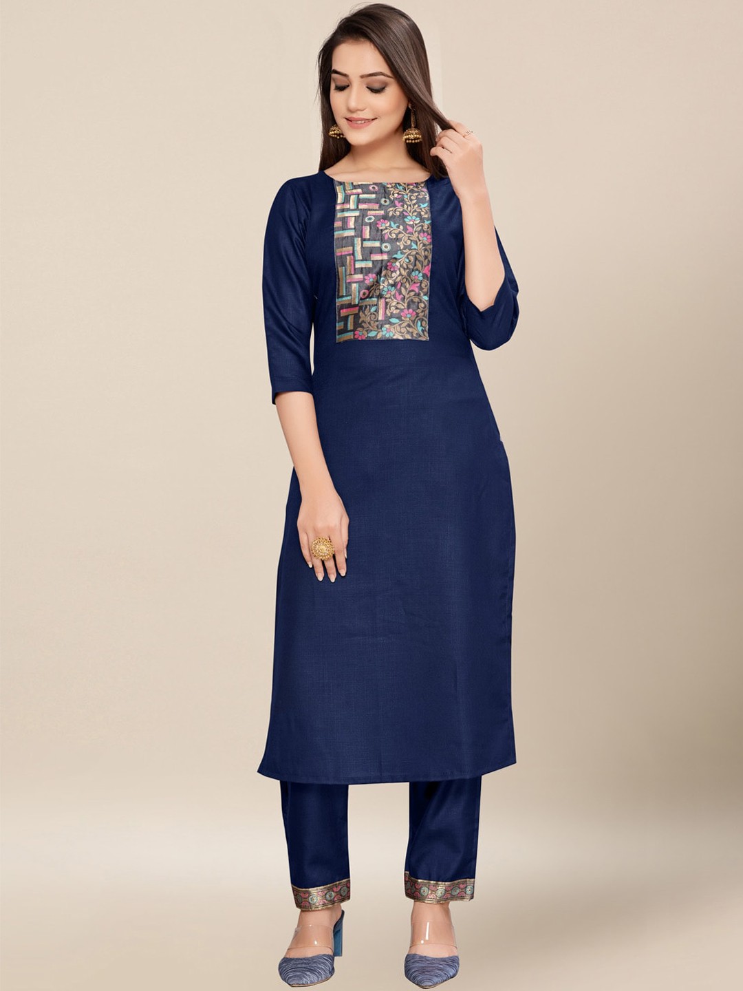 

AYKA CLOTHINGS Women Navy Blue Patchwork Pure Cotton Kurti with Trousers