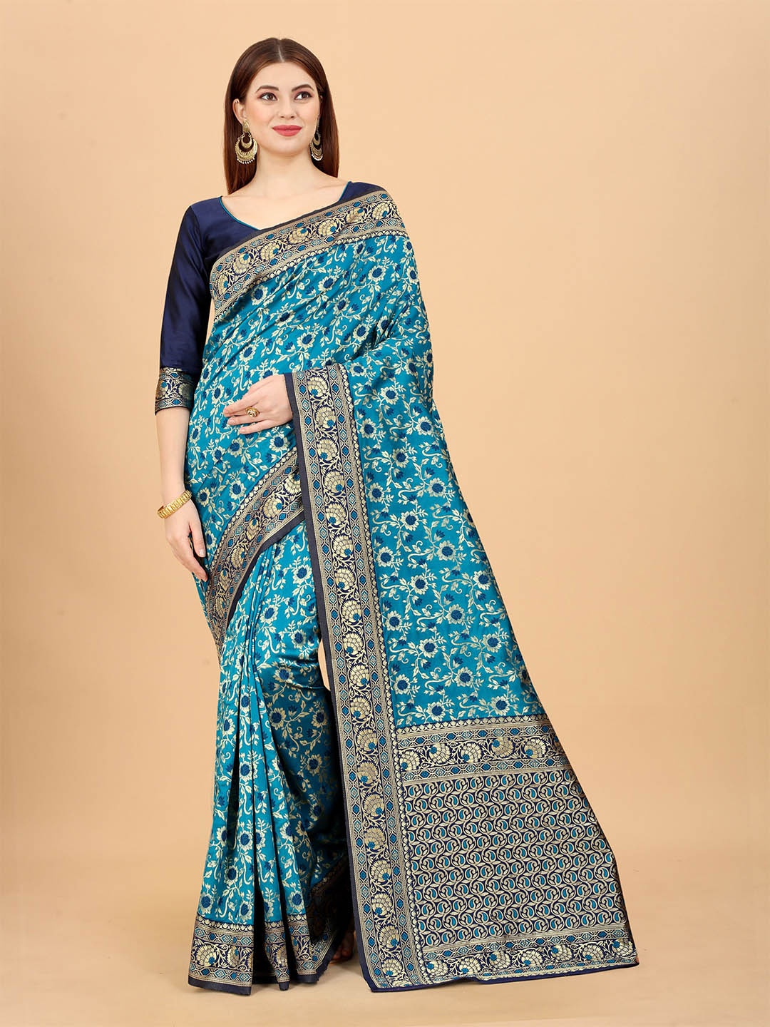 

INDI AVTAAR Blue & Gold-Toned Woven Design Zari Silk Cotton Banarasi Saree