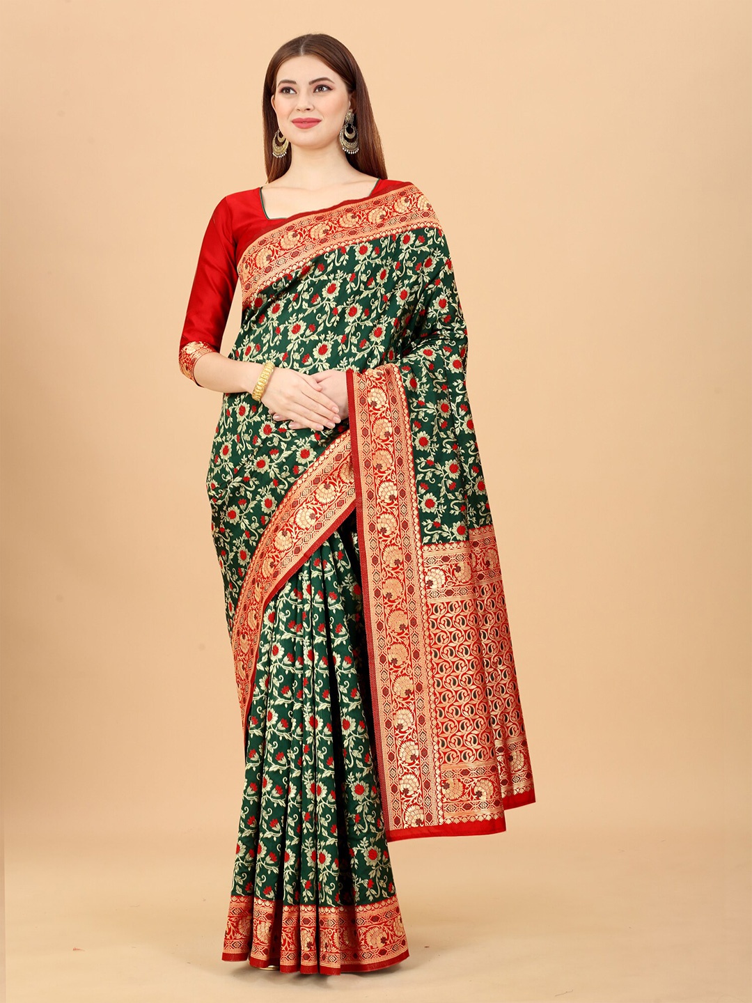 

INDI AVTAAR Green & Red Woven Design Zari Silk Cotton Banarasi Saree