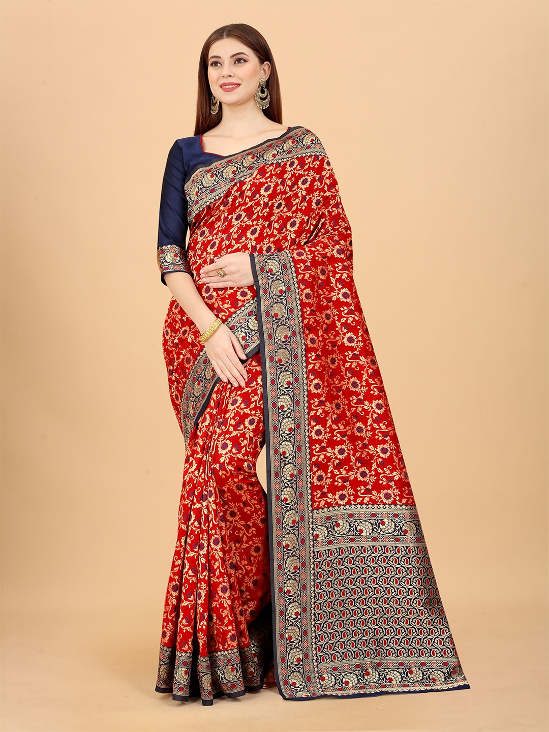 

INDI AVTAAR Red & Blue Ethnic Motifs Zari Silk Cotton Banarasi Saree