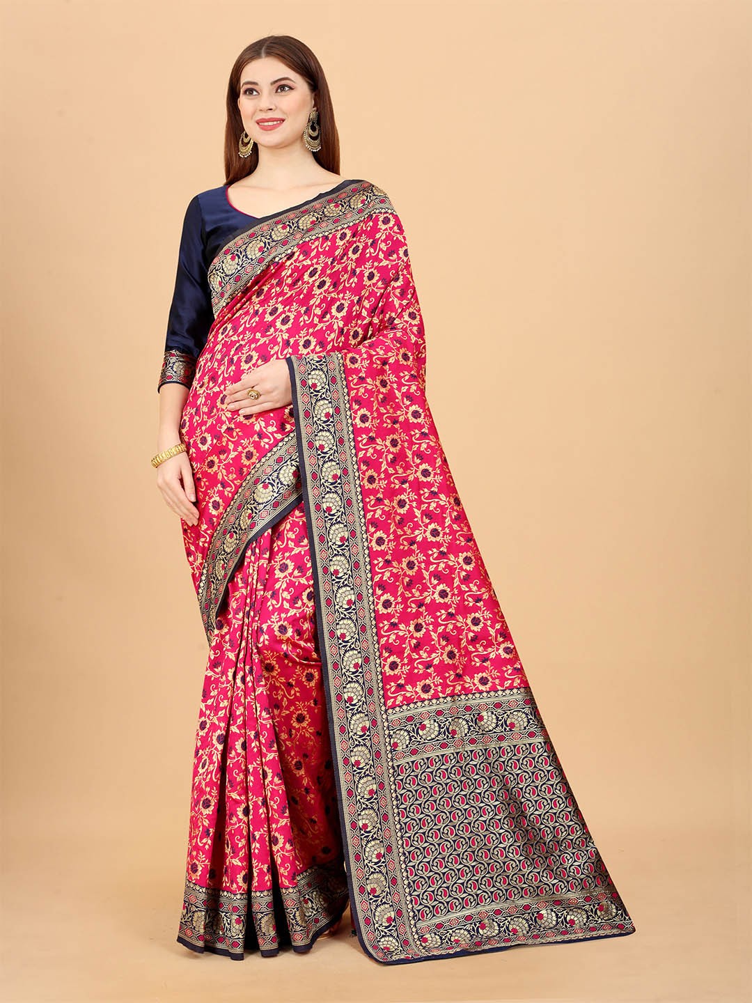 

INDI AVTAAR Pink & Blue Ethnic Motifs Zari Silk Cotton Banarasi Saree
