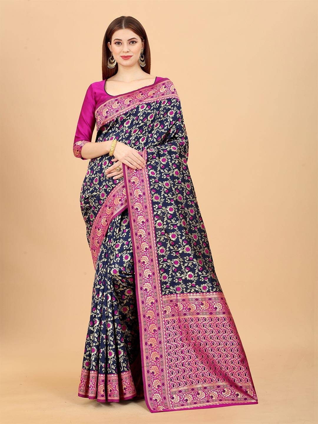 

INDI AVTAAR Navy Blue & Pink Ethnic Motifs Zari Silk Cotton Banarasi Saree
