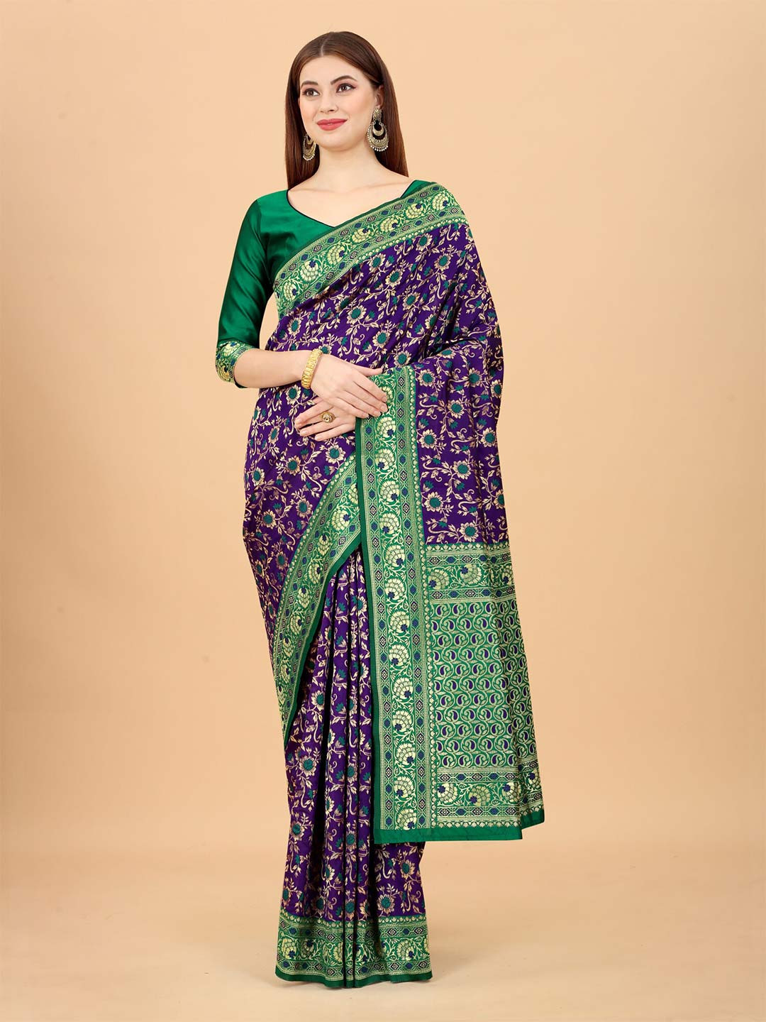 

INDI AVTAAR Purple & Green Ethnic Motifs Zari Silk Cotton Banarasi Saree