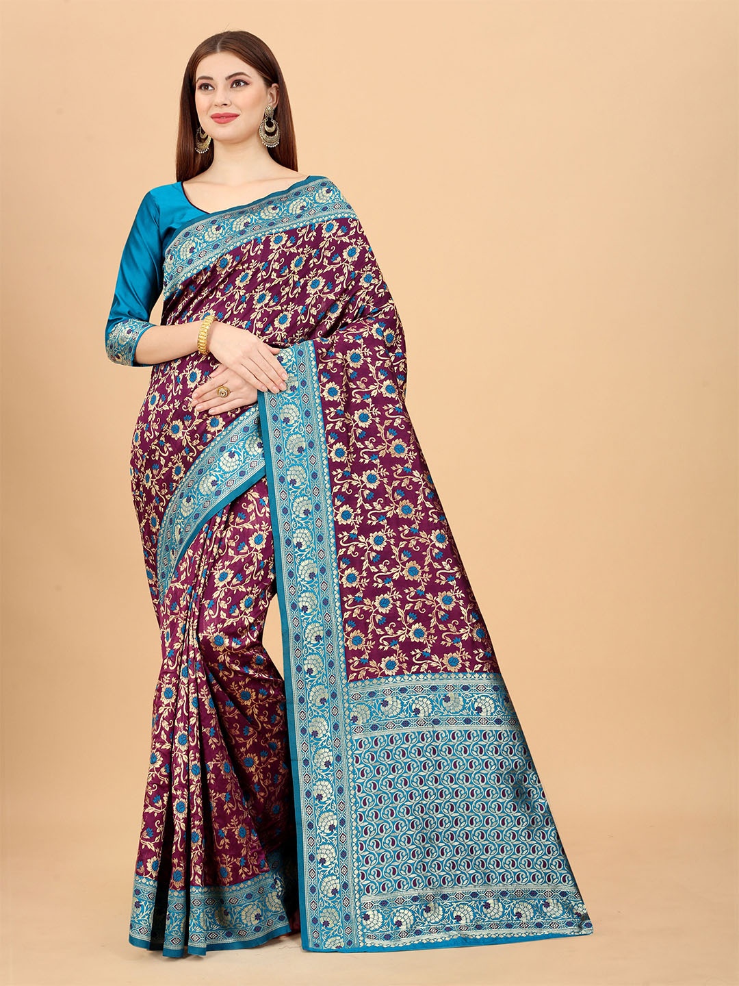 

INDI AVTAAR Purple & Blue Woven Design Zari Silk Cotton Banarasi Saree