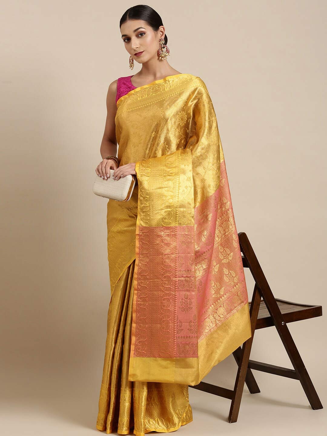 

The Chennai Silks Gold-Toned & Pink Floral Zari Organza Fusion Banarasi Saree