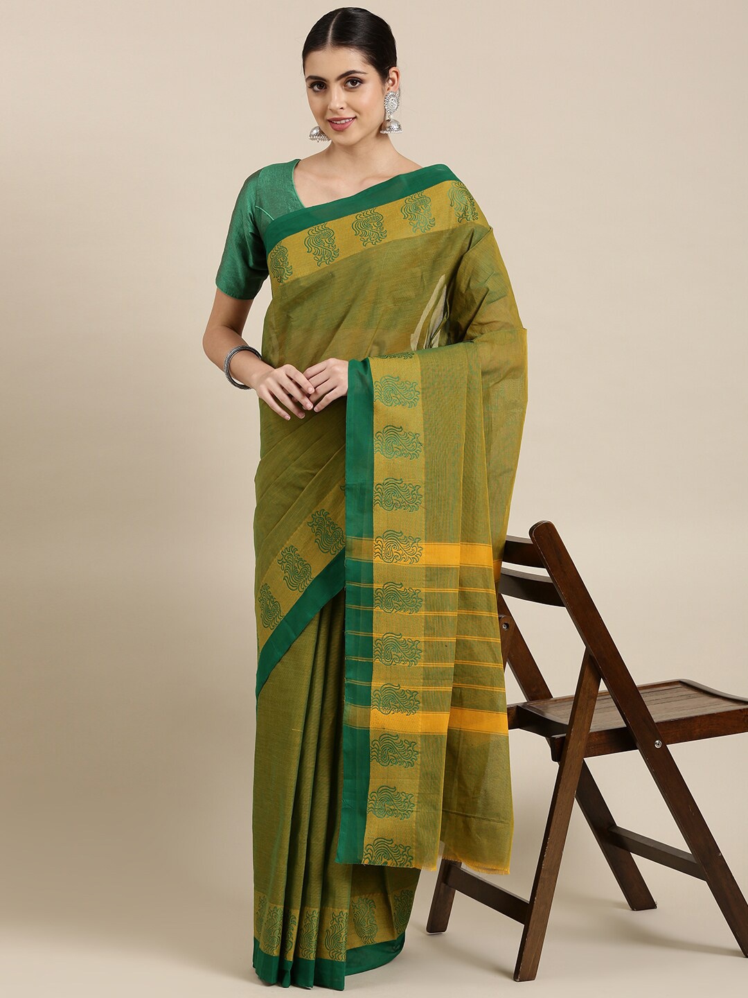 

The Chennai Silks Green & Yellow Pure Cotton Fusion Chettinad Saree