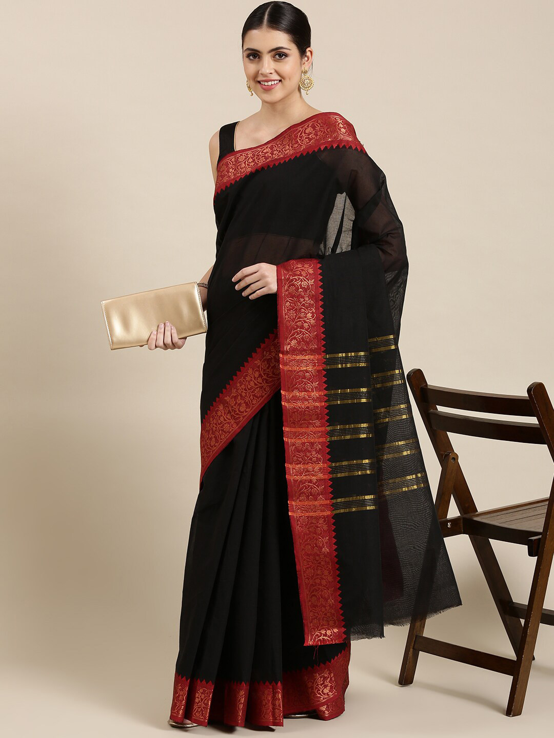 

The Chennai Silks Black & Red Zari Pure Cotton Chettinad Saree