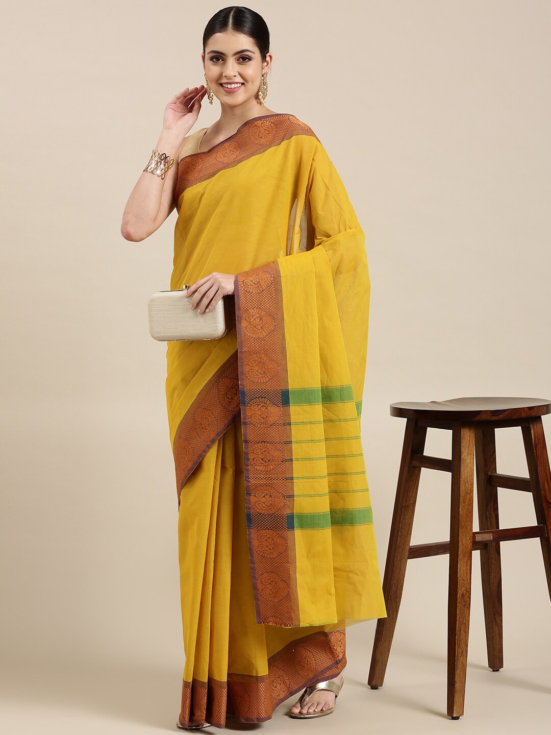 

The Chennai Silks Mustard & Red Zari Pure Cotton Fusion Chettinad Saree