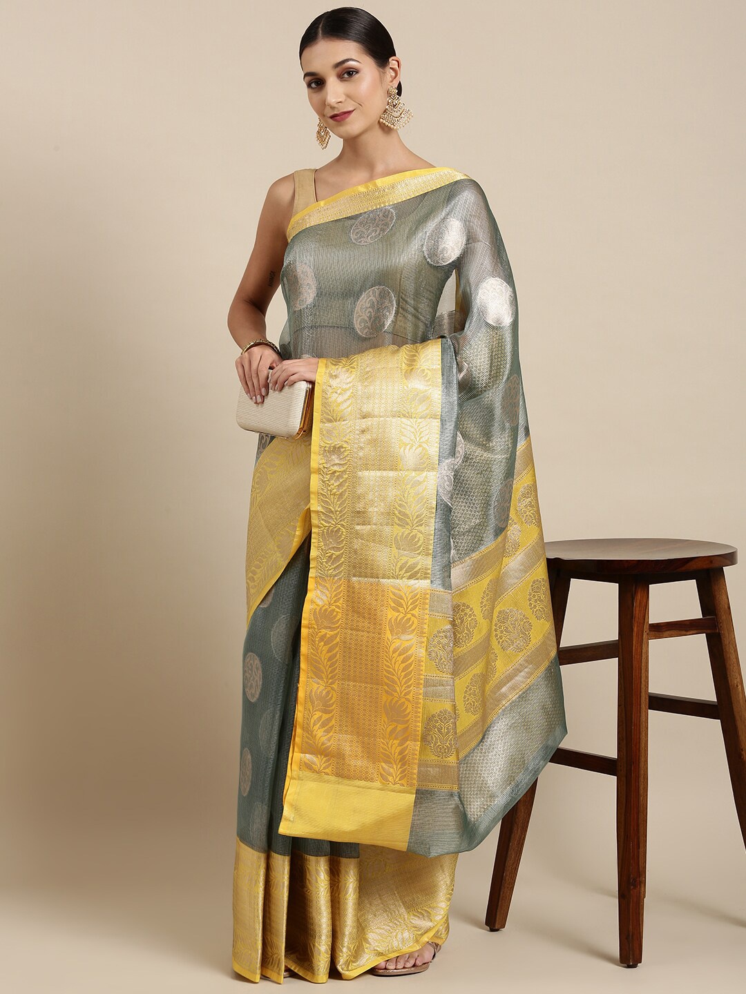 

The Chennai Silks Grey & Yellow Ethnic Motifs Zari Organza Fusion Banarasi Saree