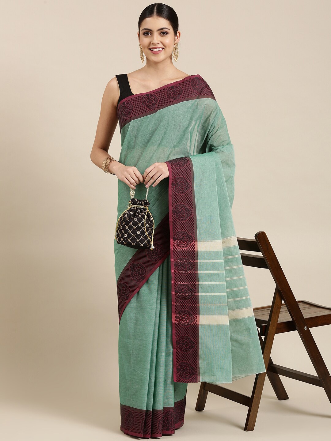

The Chennai Silks Green & Brown Pure Cotton Fusion Chettinad Saree