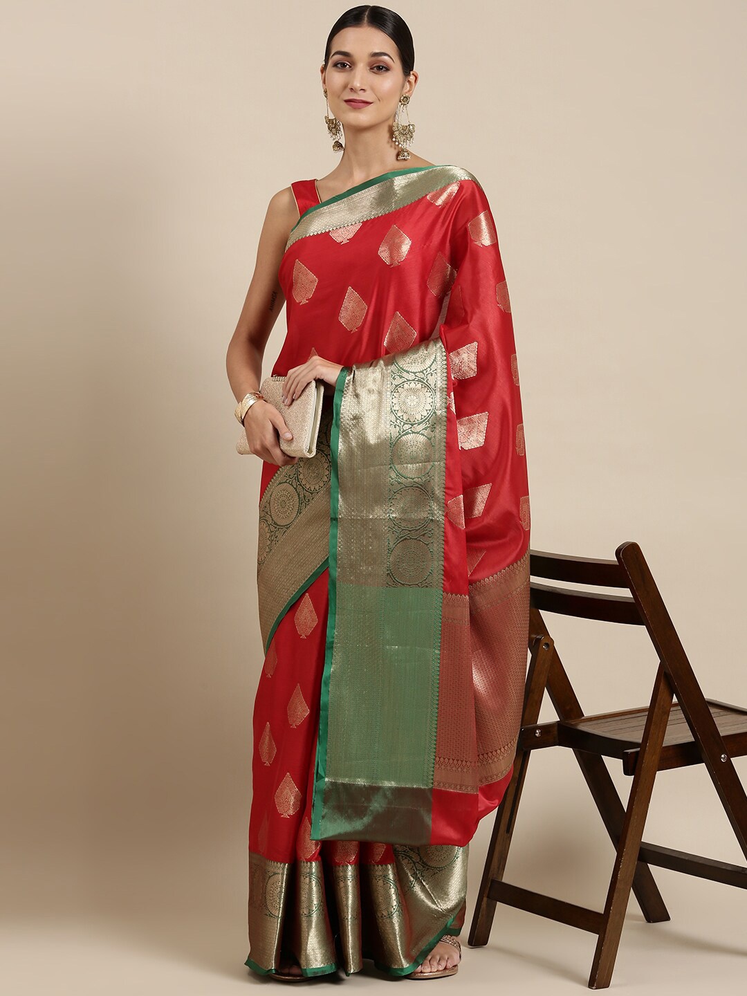 

The Chennai Silks Women Red & Green Woven Design Zari Organza Fusion Banarasi Saree