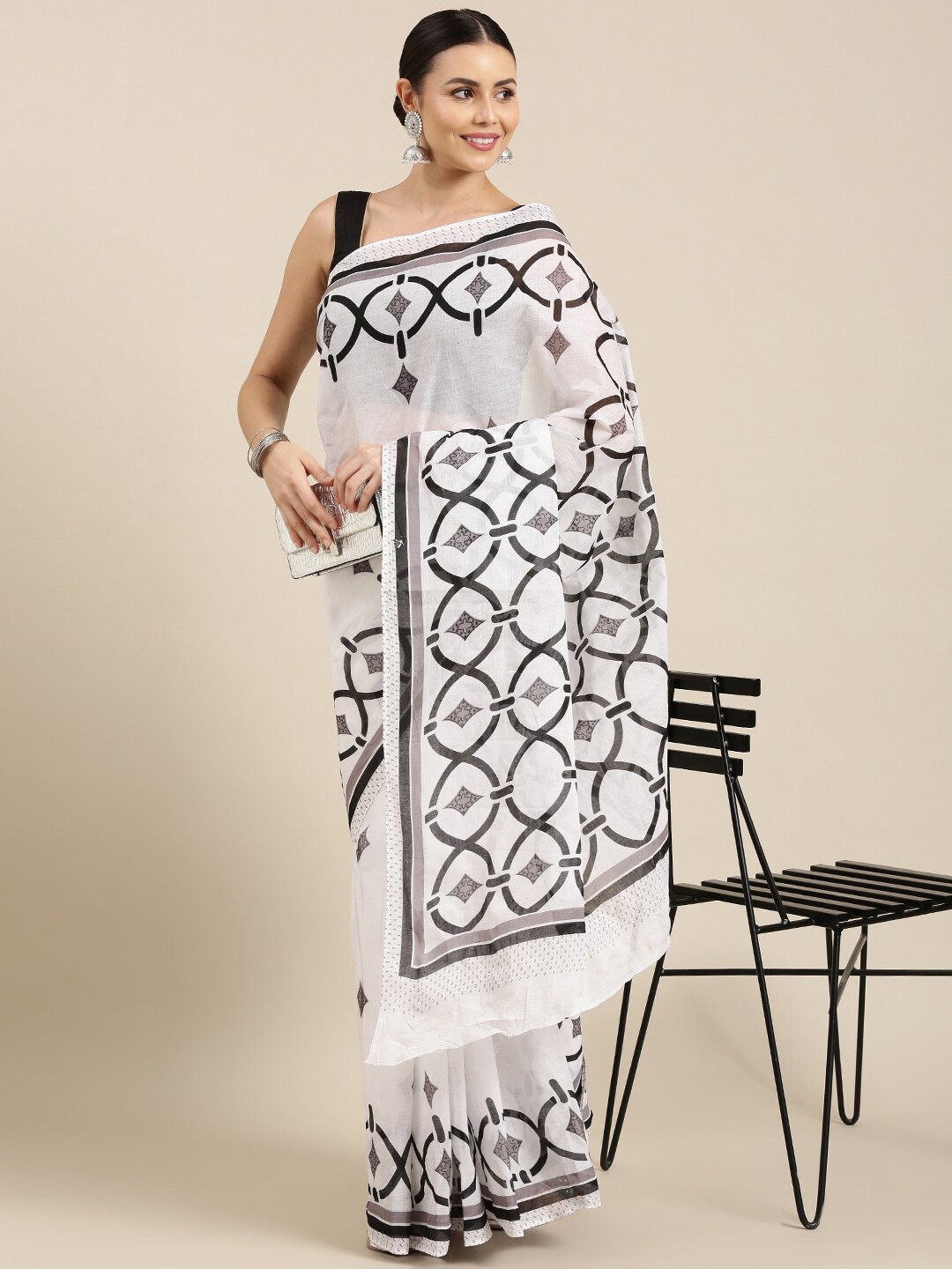 

The Chennai Silks Women Off White & Black Pure Cotton Fusion Saree